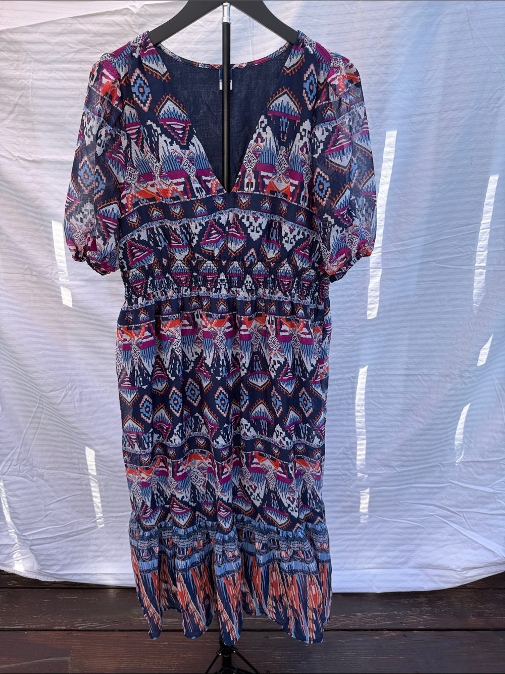 Old Navy Navy Multicolor Printed Smocked Midi Dress